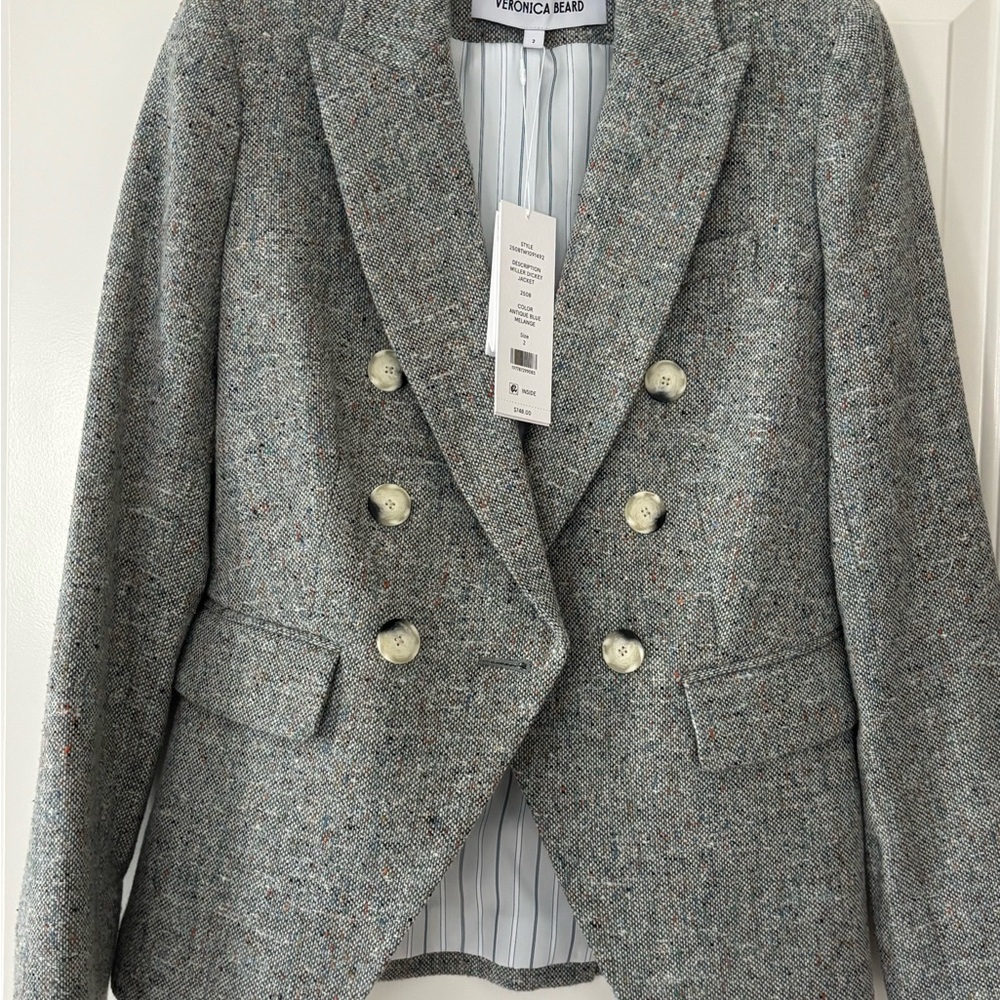 Veronica Beard Gray Tweed Double-Breasted Blazer with Notch Lapels